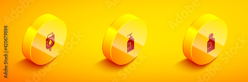 Set Isometric IV bag, Hand sanitizer bottle and Bottle of medicine syrup icon. Vector