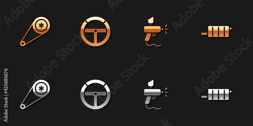 Set Timing belt kit, Steering wheel, Paint spray gun and Car muffler icon. Vector