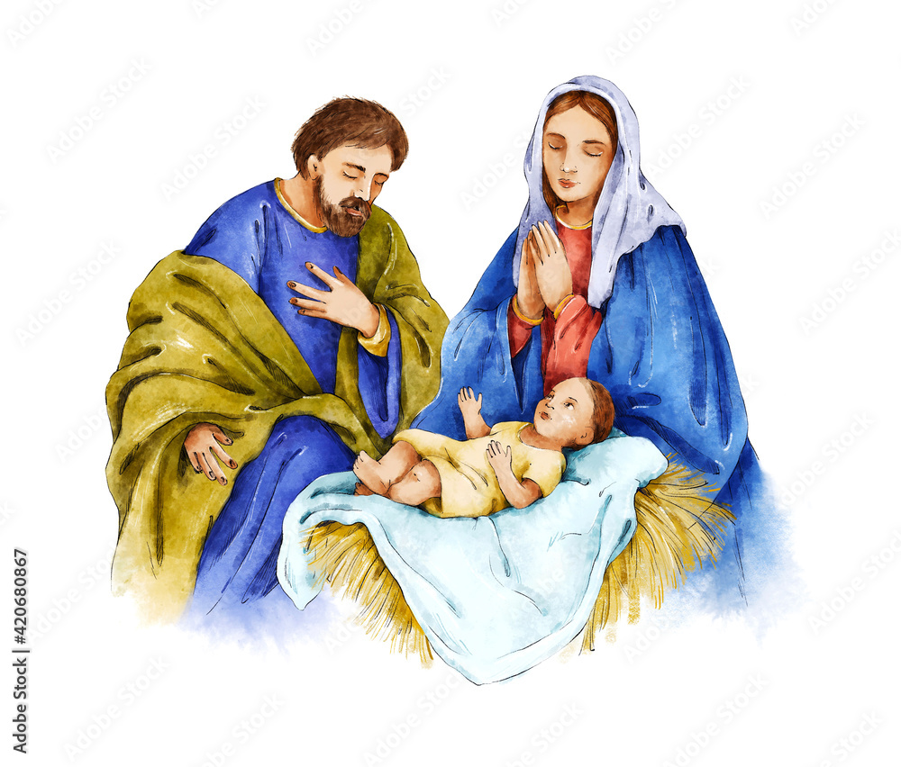 ภาพประกอบสต็อก Christmas Nativity Scene Watercolor Botanical Hand