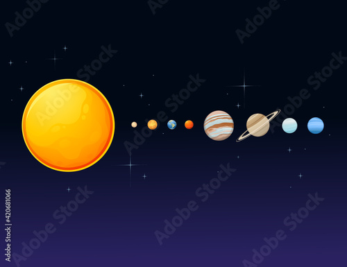 Fototapeta Naklejka Na Ścianę i Meble -  Solar system with sun and planets space objects vector illustration on dark deep sky with stars background