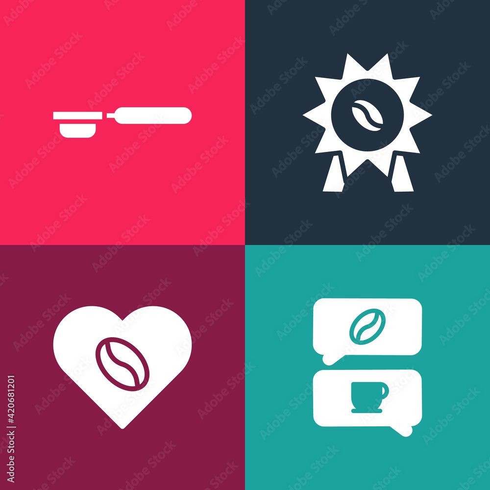 Set pop art Coffee and conversation, Lovers, Medal for coffee and filter holder icon. Vector Set pop art Coffee and conversation, Lovers, Medal for coffee and filter holder icon. Vector