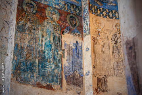 AKHTAMAR ISLAND, TURKEY, September 2020: Remains of Christian frescoes in the Armenian Church of the Holy Cross on Akhtamar Island (Akdamar) in Lake Van © Konstantin