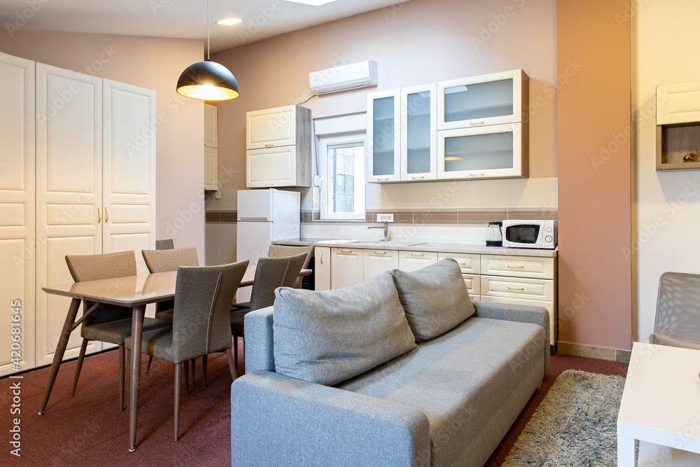 Fototapeta premium Kitchen and living room, apartment interior