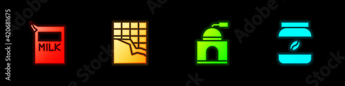 Set Paper package for milk, Chocolate bar, Manual coffee grinder and Coffee jar bottle icon. Vector