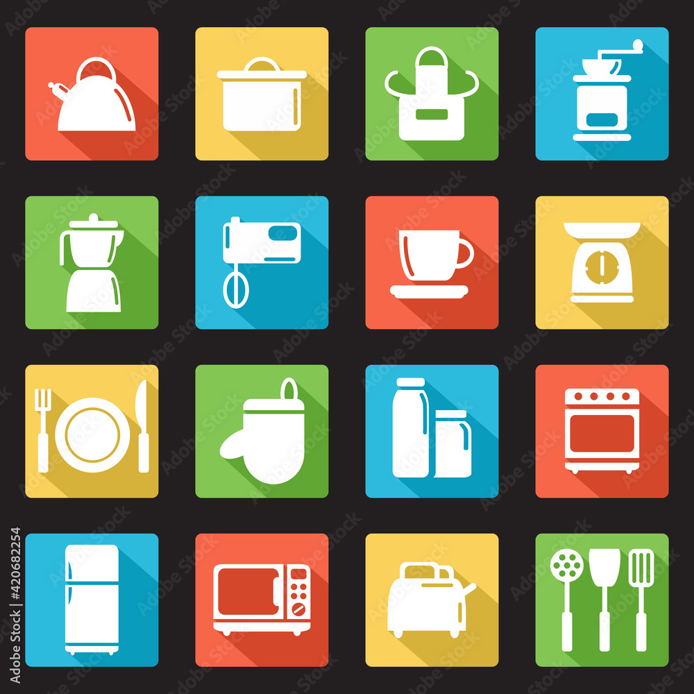 Set of flat kitchen icons with long shadow. White silhouette on a colored background. Set of flat kitchen icons with long shadow. White silhouette on a colored background.