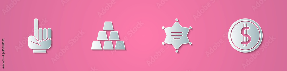 Set paper cut Number 1 one fan hand glove, Gold bars, Hexagram sheriff and Coin money with dollar icon. Paper art style. Vector Set paper cut Number 1 one fan hand glove, Gold bars, Hexagram sheriff and Coin money with dollar icon. Paper art style. Vector