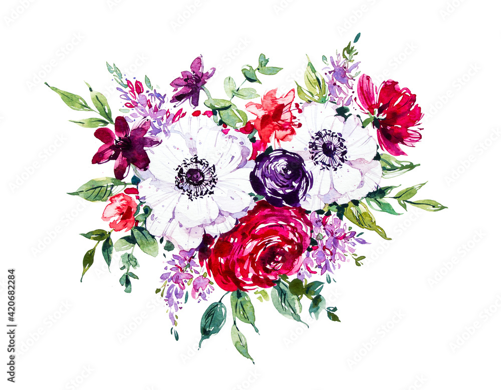 Watercolor Bouquet with white anemones and red roses. Botanical natural flowers bouquet. Sketch. Botanic. Watercolor botanical hand drawn illustration. Vintage invitation. Watercolor Bouquet with white anemones and red roses. Botanical natural flowers bouquet. Sketch. Botanic. Watercolor botanical hand drawn illustration. Vintage invitation.