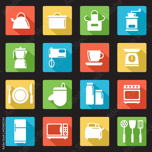 Set of flat kitchen icons with long shadow. White silhouette on a colored background.