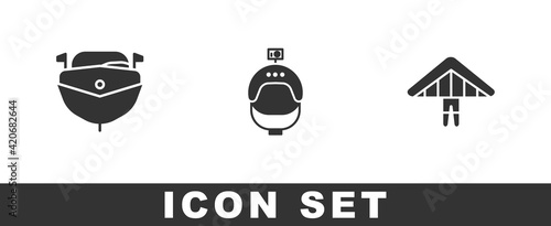 Set Speedboat, Helmet and action camera and Hang glider icon. Vector