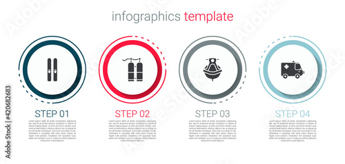 Set Ski and sticks, Aqualung, Jet ski and Ambulance emergency car. Business infographic template. Vector