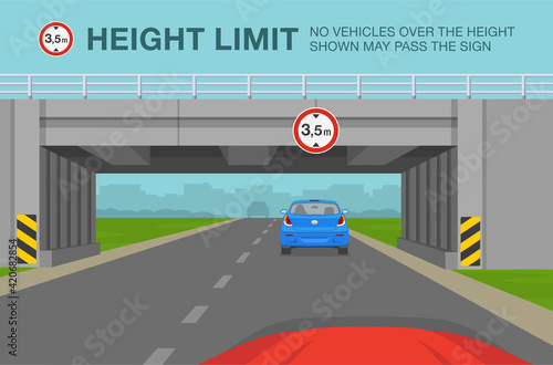 Driving a car. Car going through the tunnel under the bridge. Low bridge or height limit road sign. Flat vector illustration template.