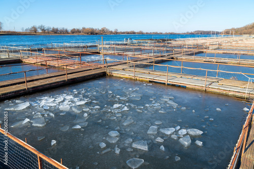 Cages for fish farming in the natural river © rostovdriver