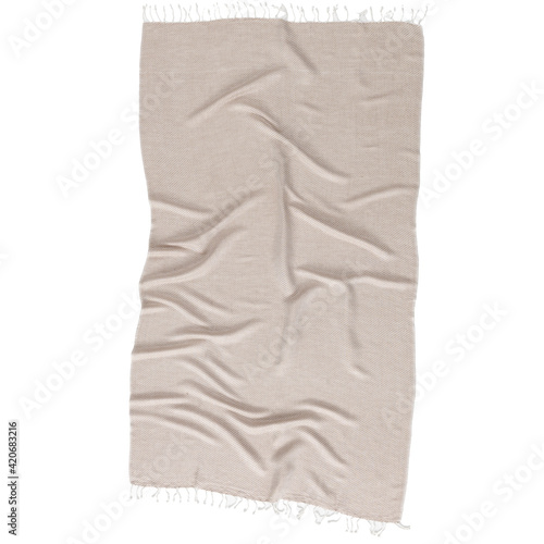 Turkish towel with fringes beige tassel towels Tunisian fouta wrinkled look cutout on white background with clipping path
