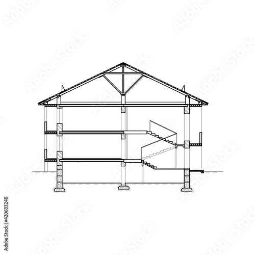 Detailed multi-storey building. Cross-section house. Vector black and white blueprint.
