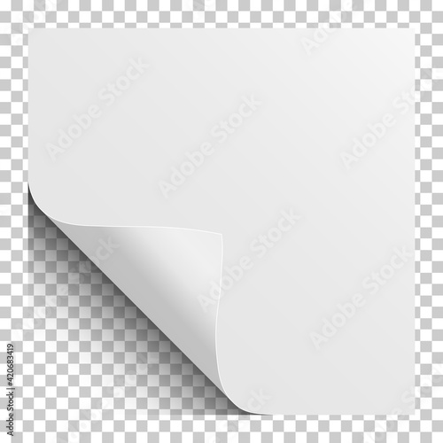 Sheet of white paper with curled corner and soft shadow. Element for ad. Vector illustration.