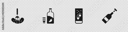 Set Pickled cucumber on a fork, Vodka with pepper and glass, Effervescent tablets in water and Opened bottle of wine icon. Vector