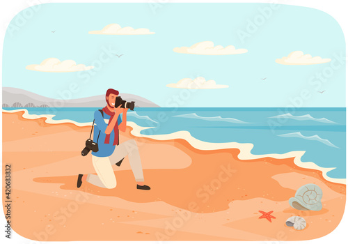Woman is making photo of amazing landscape. Girl with camera is looking into lens on seascape