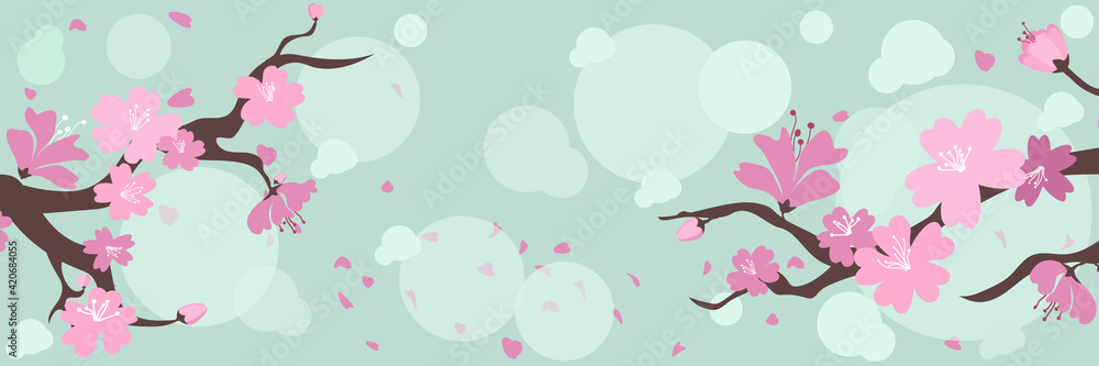Horizontal banner with cherry blossom, spring sakura flowers. Retro vector illustration. Place for your text. Design for invitation, card, poster, flyer, label