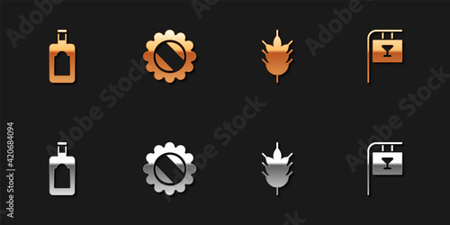 Set Whiskey bottle, Bottle cap, Hop and Street signboard with Bar icon. Vector