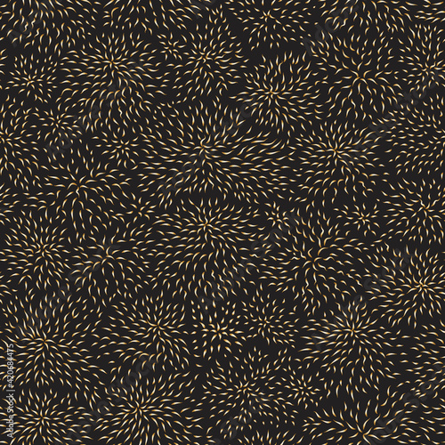 Vector seamless pattern of thin contour line gold leaves foliage on a black background