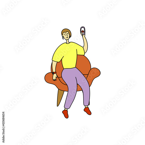 Beautiful attractive blond man holds phone in his hand. Pretty guy is recording video for blog. Stylish man takes a selfie. Vlog for subscribers, shooting video on the phone. Cartoon vector graphic