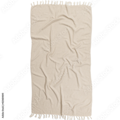 Turkish towel with fringes beige tassel towels Tunisian fouta wrinkled look cutout on white background with clipping path photo