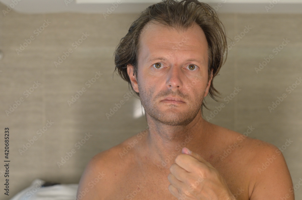 Obraz premium Beauty men. Hair loss men. man in bathroom. 