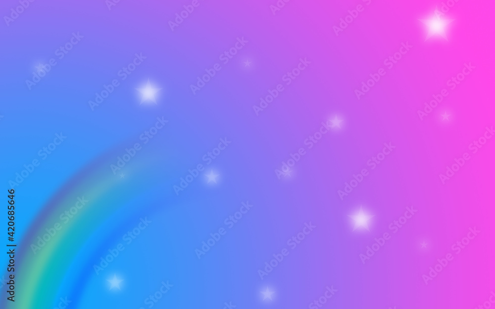 ピンクとブルーのグレデーションベースに虹と星が輝くグラフィック素材