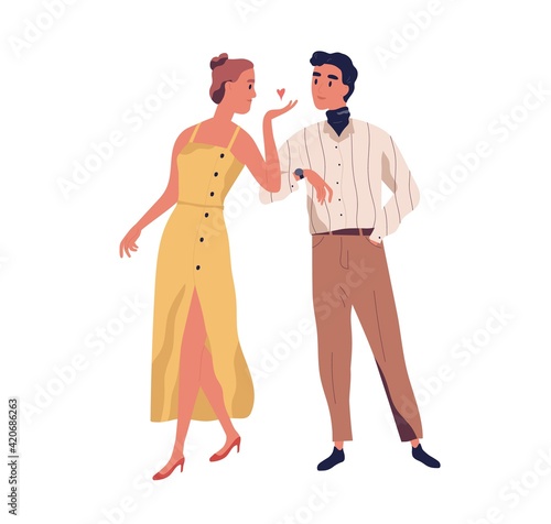 Woman saying bye and sending air kiss to her beloved man. Love couple of heterosexual partners leaving their date. Colored flat vector illustration of husband and wife isolated on white background