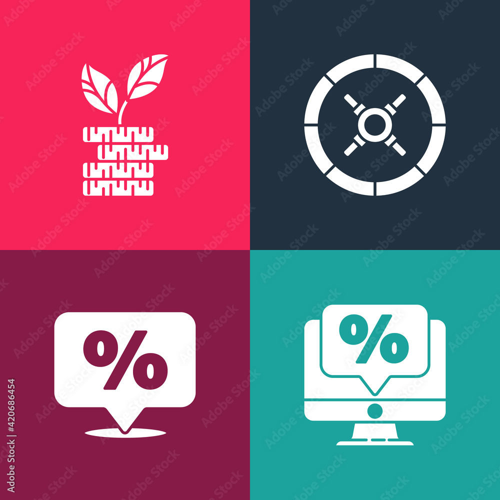 Set pop art Percent discount and monitor, Discount percent tag, Safe and Dollar plant icon. Vector Set pop art Percent discount and monitor, Discount percent tag, Safe and Dollar plant icon. Vector