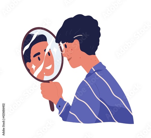 Ugly man with acne looking at mirror reflection and dreaming to be beautiful confident guy. Concept of high self-esteem and inadequate perception. Flat vector illustration isolated on white background