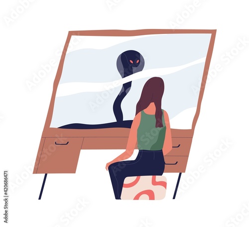 Person looking at true self in mirror reflection. Meeting with shadow personality. Psychological concept of real nature. Flat vector illustration of woman with her evil and scary inner world