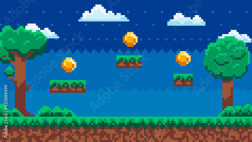 Pixel-game background with coins in sky at night. Pixel art scene with green grass and tall trees