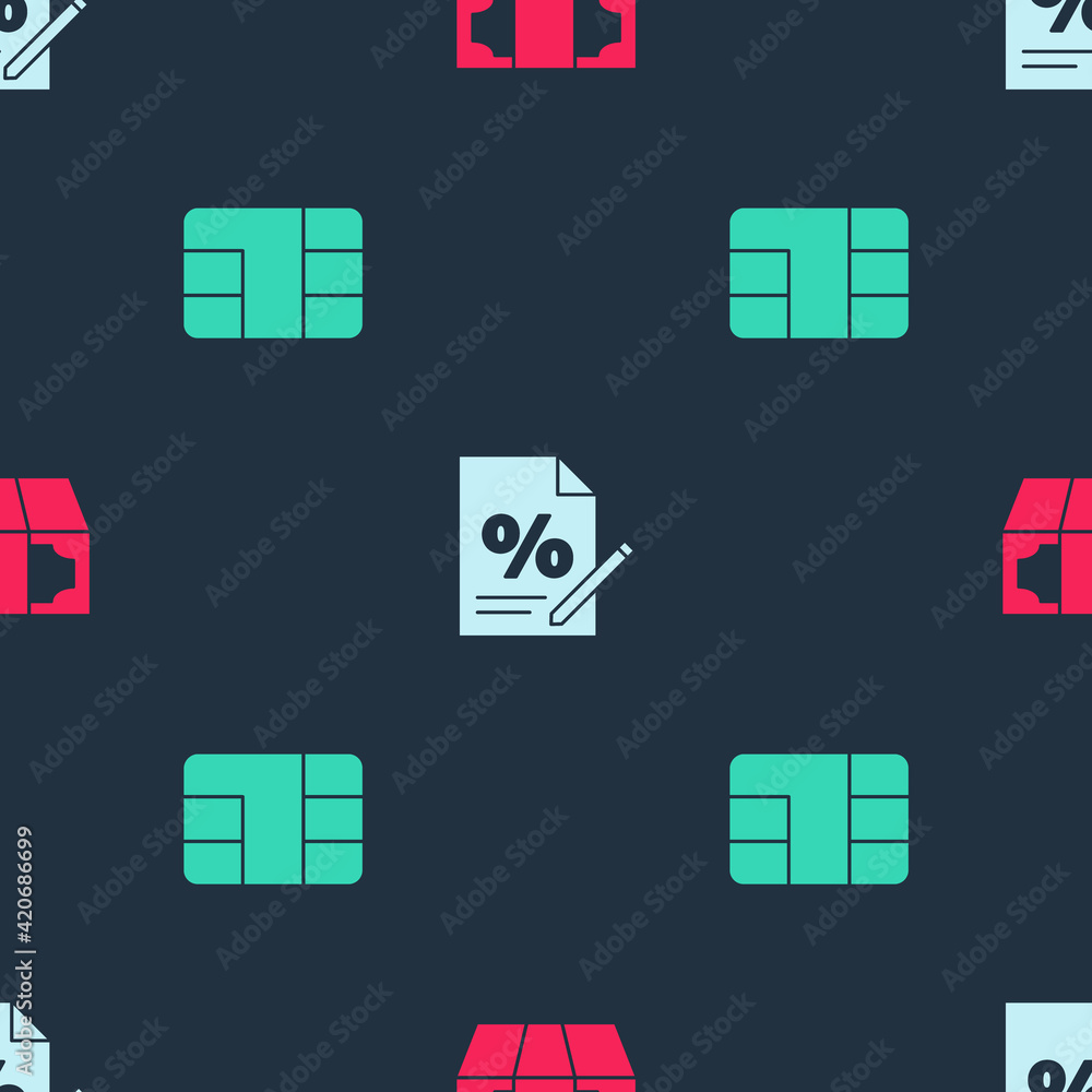 Set Stacks paper money cash, Finance document and Credit card with chip on seamless pattern. Vector Set Stacks paper money cash, Finance document and Credit card with chip on seamless pattern. Vector