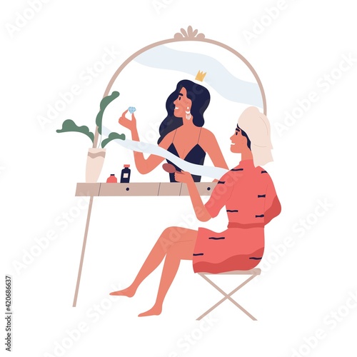 Psychological concept of high self-esteem, complacency, and narcissism. Selfish woman looking in mirror and dreaming to be beauty. Colored flat vector illustration isolated on white background