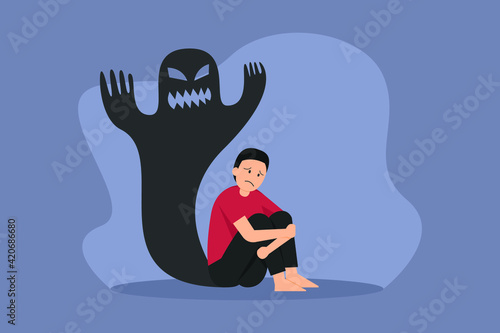 Mental illness vector concept: Man with schizophrenia illness hallucinating a dark shadow