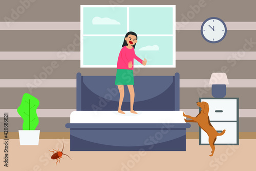 Woman with cynophobia problem standing on the bed with looking at dog