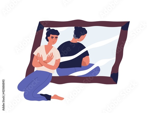 Sad woman with anorexia and distorted body perception looking at mirror reflection. Concept of psychological problems and dysmorphophobia. Colored flat vector illustration isolated on white background