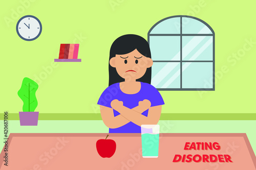Eating Disorder vector concepts: Depressed woman cartoon character with eating disorder