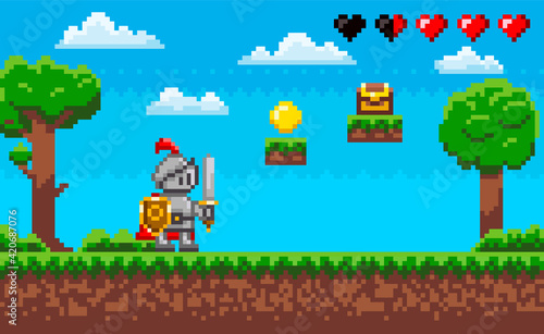 Fototapeta Naklejka Na Ścianę i Meble -  Pixel-game knight brave character. Pixelated natural landscape with warrior holding shield and sword
