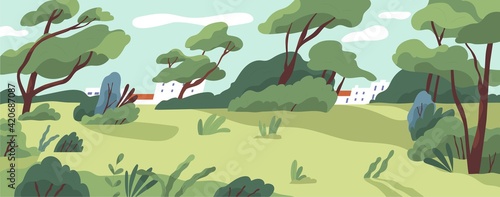 Horizontal landscape of public city park with trees and bushes in summer. Beautiful scenery of empty urban recreation area in daytime. Colored flat vector illustration of nature panorama