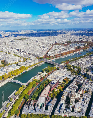 Aerial view of Paris from the Eiffel Tower. Panoramic view of the skyline over Paris. Roof landscape panorama