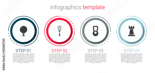 Set Golf ball on tee, Kitchen whisk, Kettlebell and Business strategy. Business infographic template. Vector