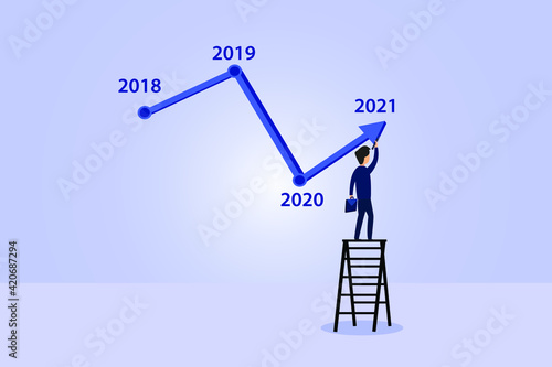 Business recovery vector concept: Young businessman drawing recovery chart in 2021 causes of corona virus in 2020