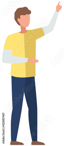 Young faceless man pointing away hand up and showing or presenting something while standing