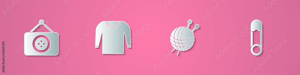 Set paper cut Tailor shop, Sweater, Yarn ball with knitting needles and Safety pin icon. Paper art style. Vector Set paper cut Tailor shop, Sweater, Yarn ball with knitting needles and Safety pin icon. Paper art style. Vector