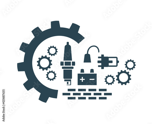 Vector illustration, icon and logo with car parts. Car service. Auto parts store.