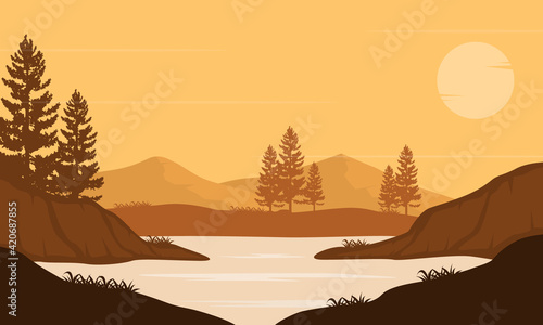 Warm afternoon atmosphere with wonderful mountain views at dusk from the river bank. Vector illustration