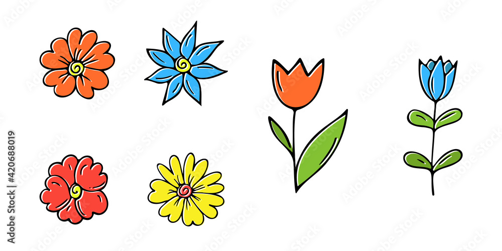Hand-drawn flowers.Doodle style, sketch,simple botanical line,drawing with plant floral elements,minimalism.Isolated. Vector illustration.