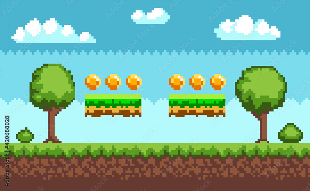 Pixel-game background with coins flying in sky. Pixel art game scene ...